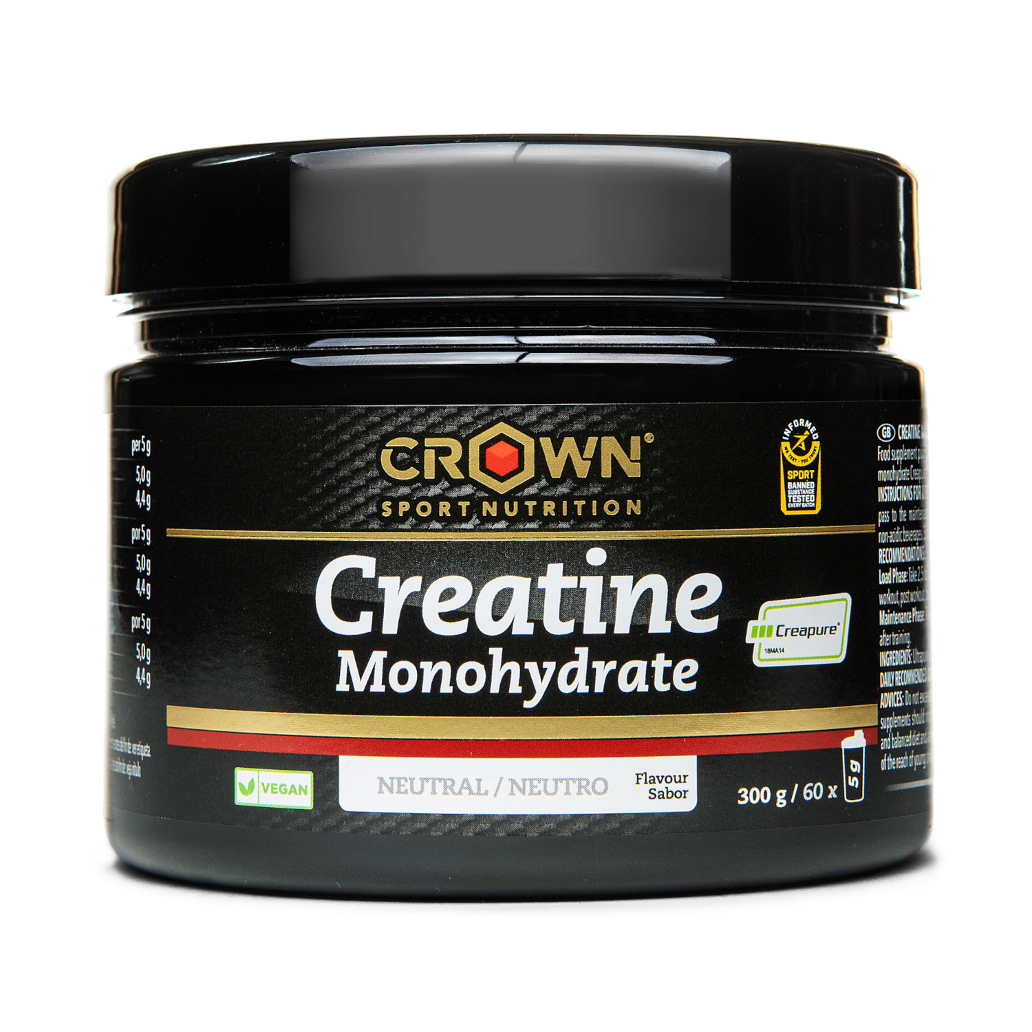 Crown Sport Nutrition Creatine Monohydrate Creapure, Pura creatina monohidrato de calidad Creapure, Con certificado Informed Sport, 300 g (60 porciones)