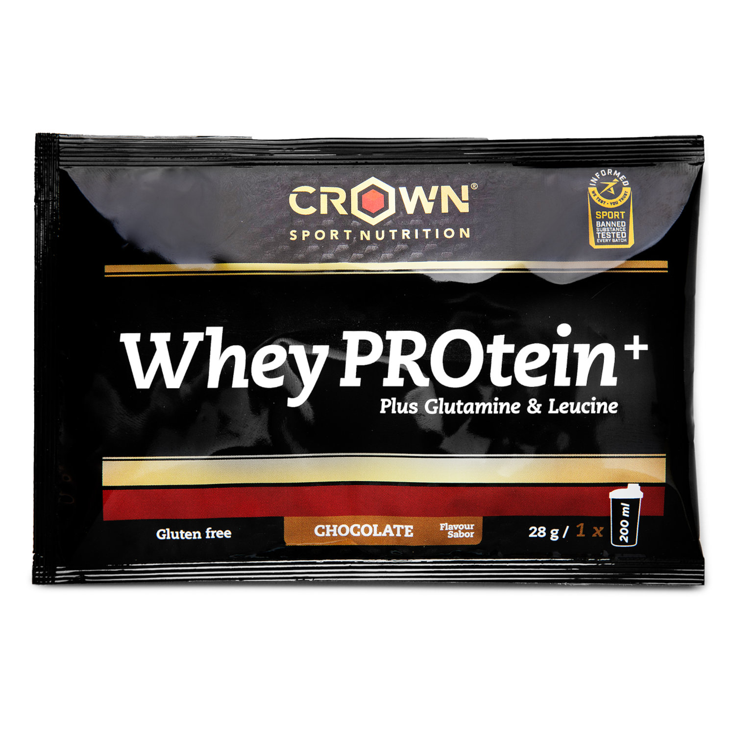 Crown Sport Nutrition Whey PROtein+, Proteína de whey con un extra de leucina y glutamina, Sabor Chocolate, 1 x 28 g