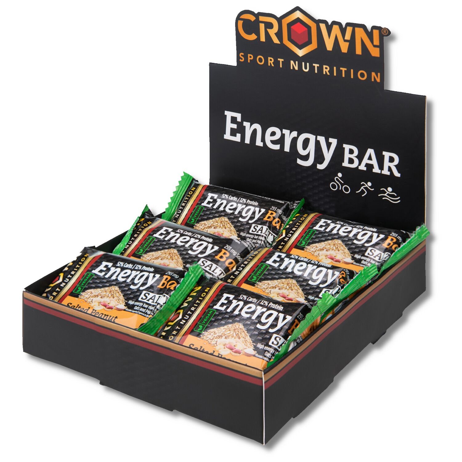 Crown Sport Nutrition Energy Vegan Bar, Barrita energética de avena con sodio, Cacahuete Salado, 12 x 60 g