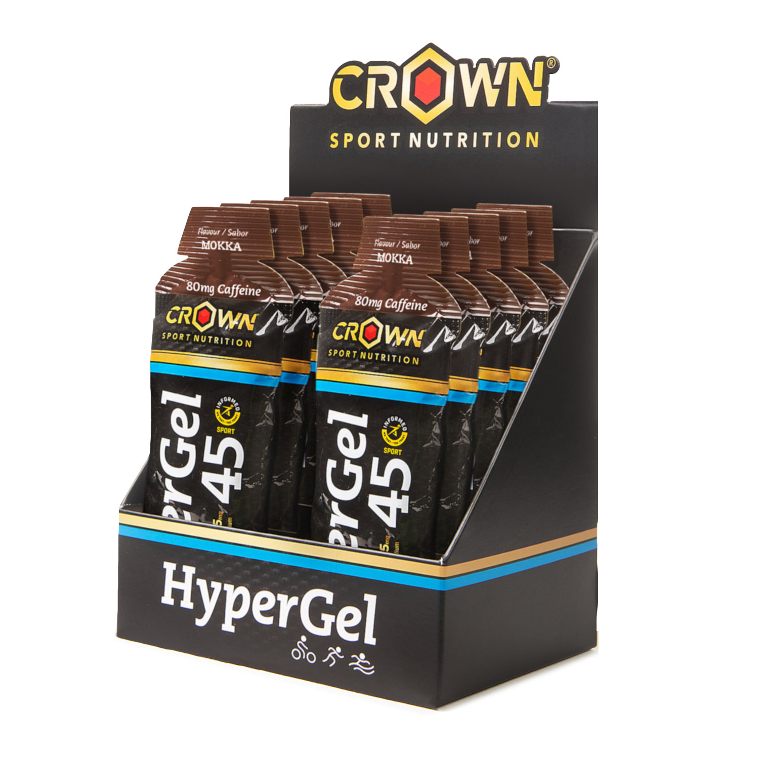 Crown Sport Nutrition HyperGel 45 + Caffeine, Gel energético líquido con 45 g de carbohidratos 1:0,8 y sodio, Con certificado Informed Sport, Sabor Mokka con cafeína , 10 x 75 g