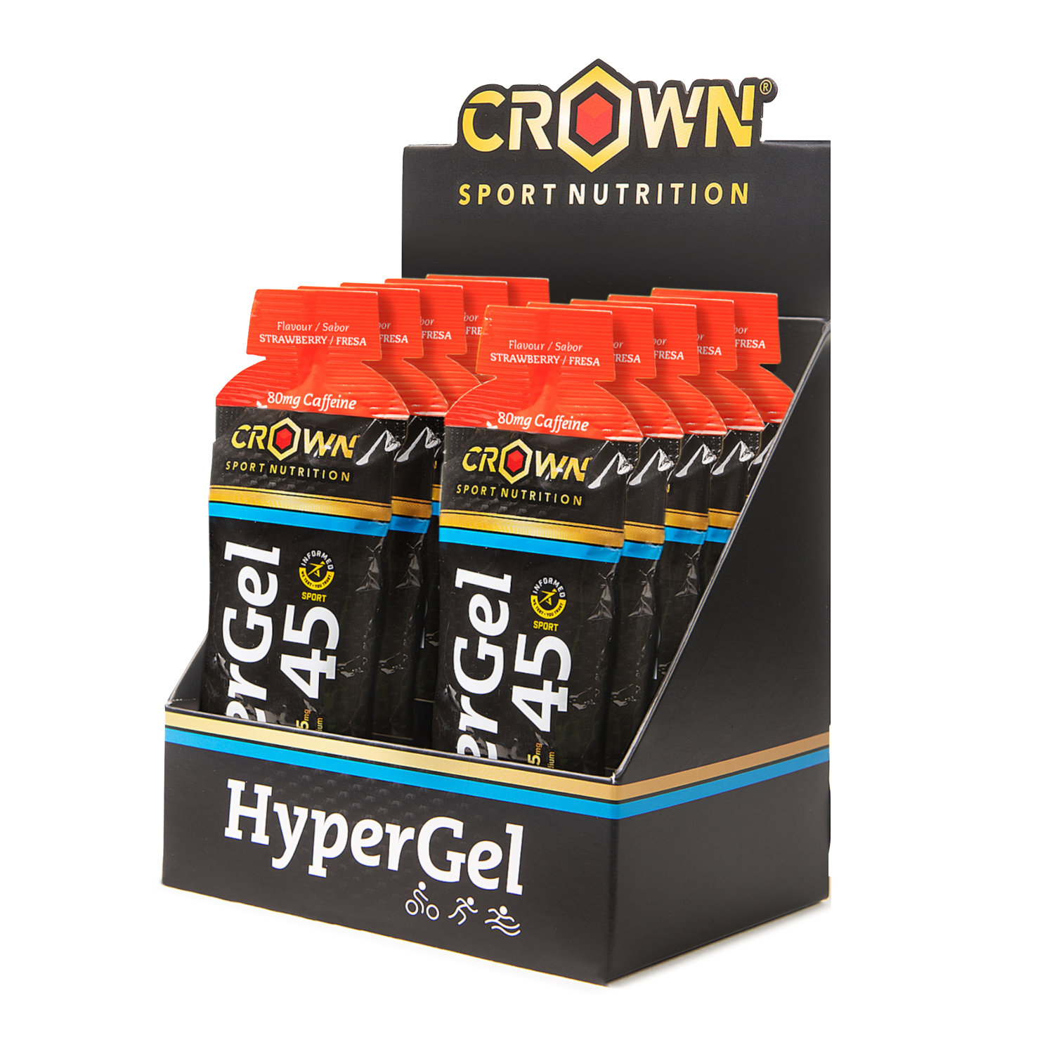 Crown Sport Nutrition HyperGel 45 + Caffeine, Gel energético líquido con 45 g de carbohidratos 1:0,8 y sodio, Con certificado Informed Sport, Sabor Fresa con cafeína , 10 x 75 g