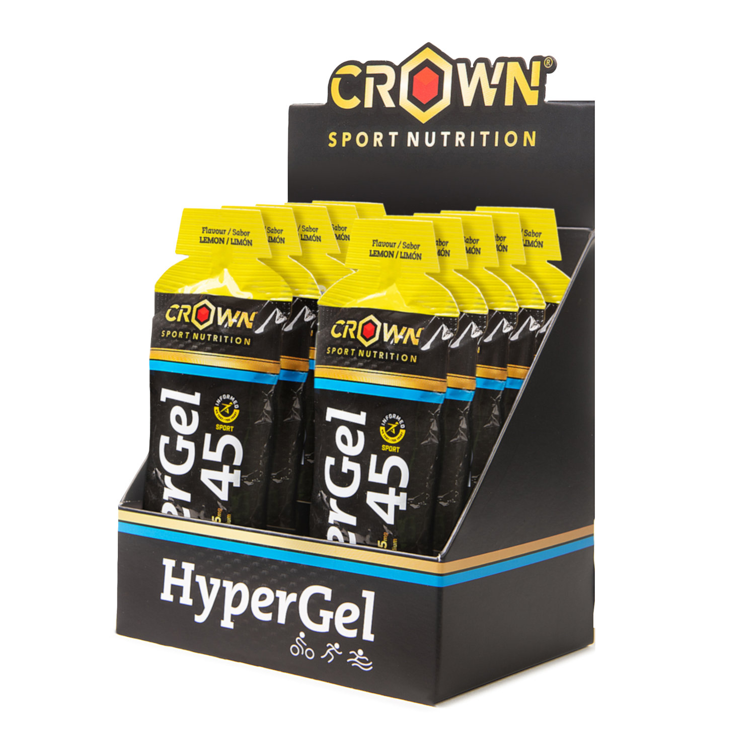 Crown Sport Nutrition HyperGel 45 + Caffeine, Gel energético líquido con 45 g de carbohidratos 1:0,8 y sodio, Con certificado Informed Sport, Sabor Limón , 10 x 75 g
