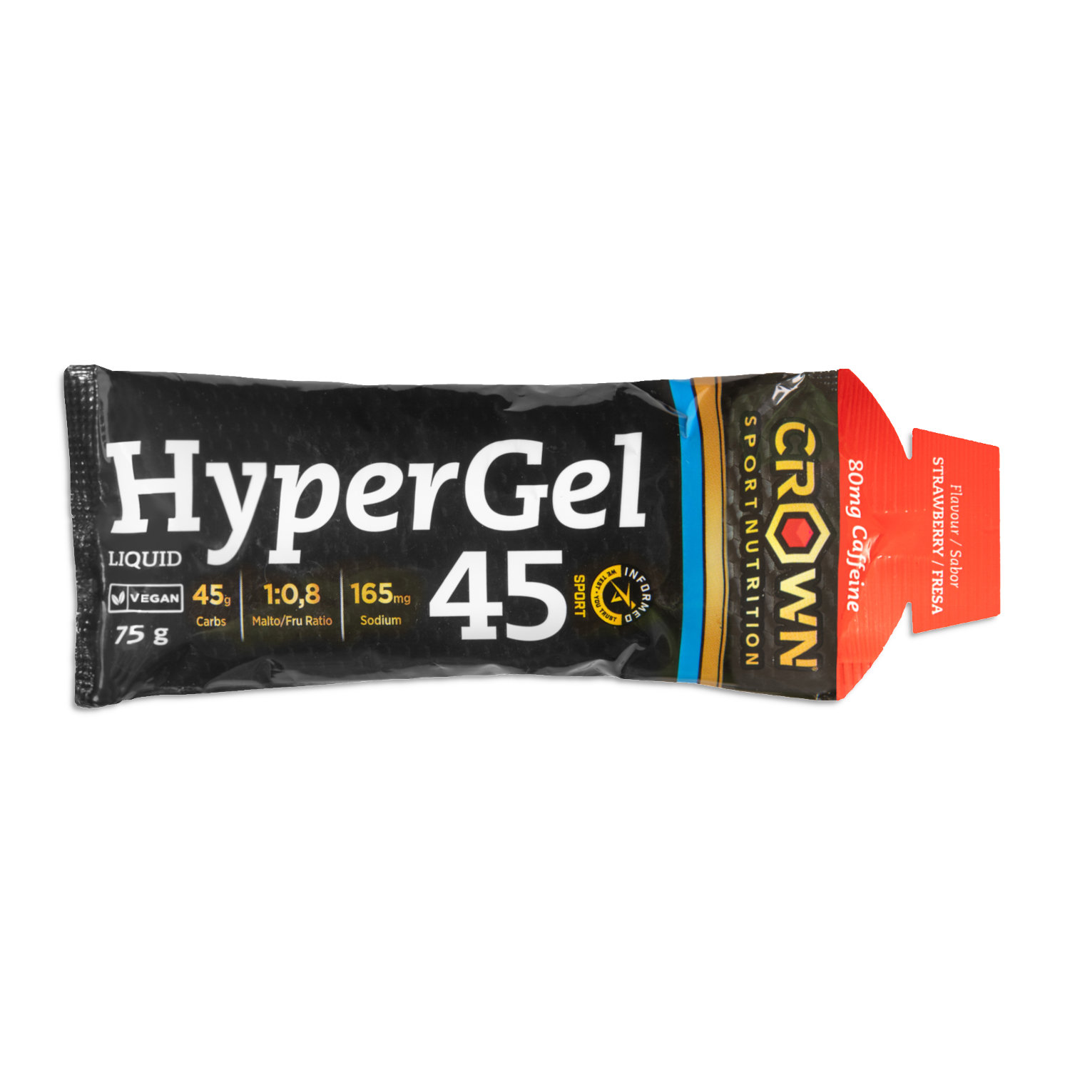 Crown Sport Nutrition HyperGel 45 + Caffeine, Gel energético líquido con 45 g de carbohidratos 1:0,8 y sodio, Con certificado Informed Sport, Sabor Fresa con cafeína , 1 x 75 g