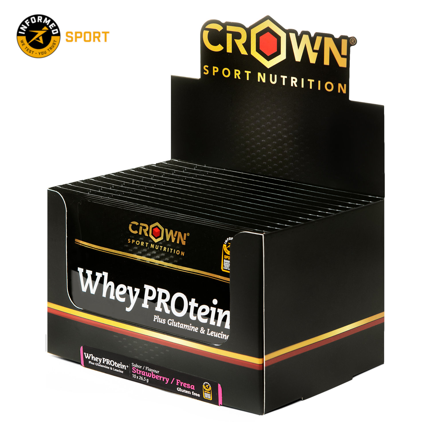 Crown Sport Nutrition Whey PROtein+, Proteína de whey con un extra de leucina y glutamina, Sabor Fresa, 10 x 26.5 g