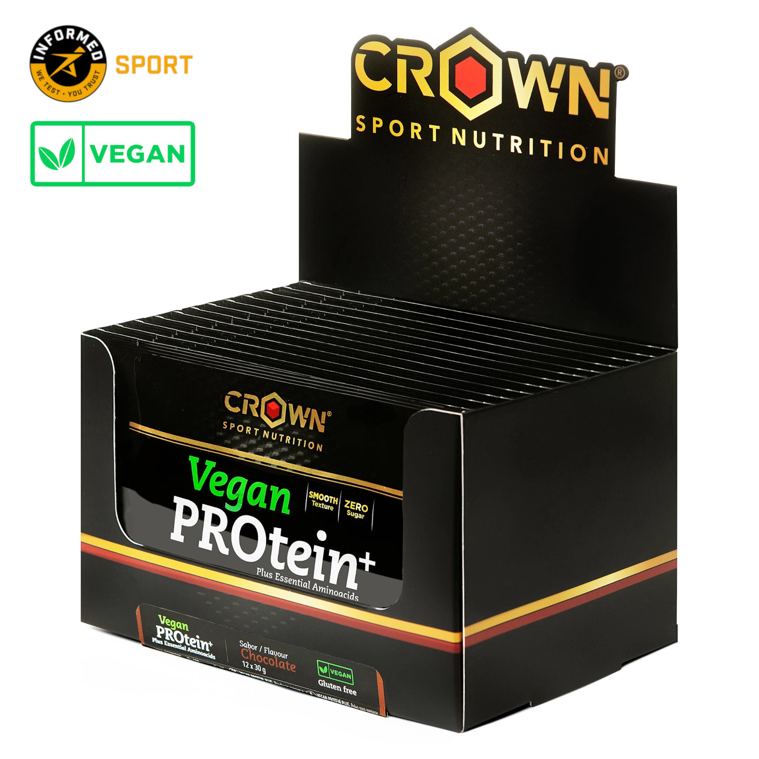 Crown Sport Nutrition Vegan PROtein+, Sabor Chocolate, 12 x 30 g
