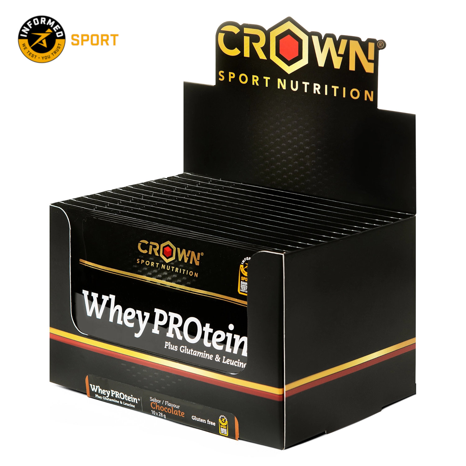 Crown Sport Nutrition Whey PROtein+, Proteína de whey con un extra de leucina y glutamina, Sabor Chocolate, 10x 28 g