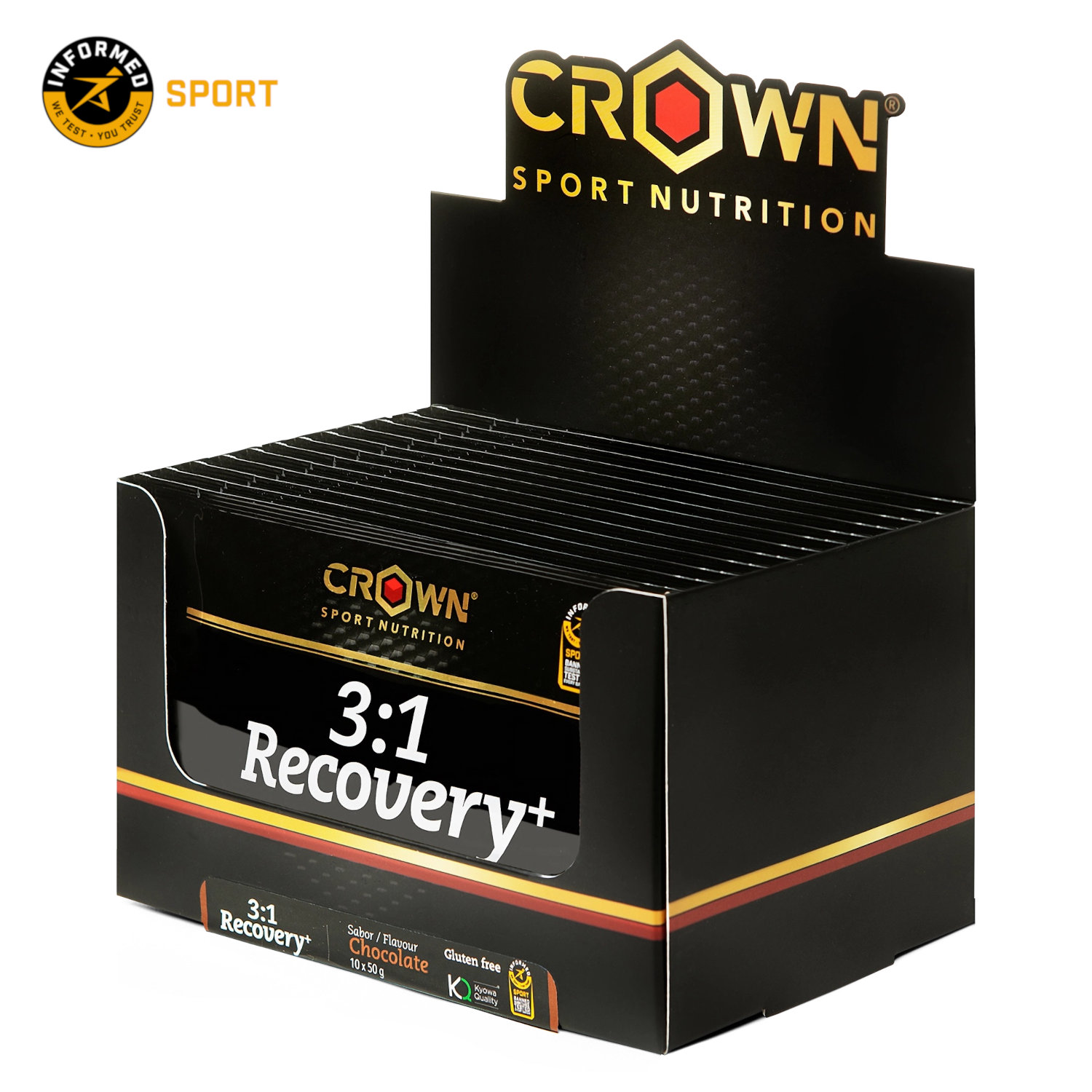 Crown Sport Nutrition 3:1 Recovery+, Recuperador muscular para deportes de resistencia, Con certificado Informed Sport, Sabor Chocolate, 10 x 50 g