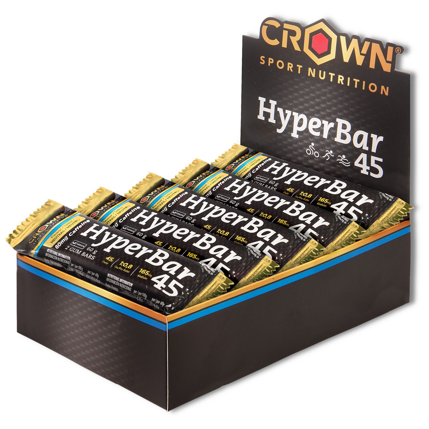 Crown Sport Nutrition HyperBar 45 + Caffeine, Barrita energética de gominola doble con 45 g de carbohidratos 1:0,8 y sodio, Sabor Neutro con cafeína, 10 x 60 g