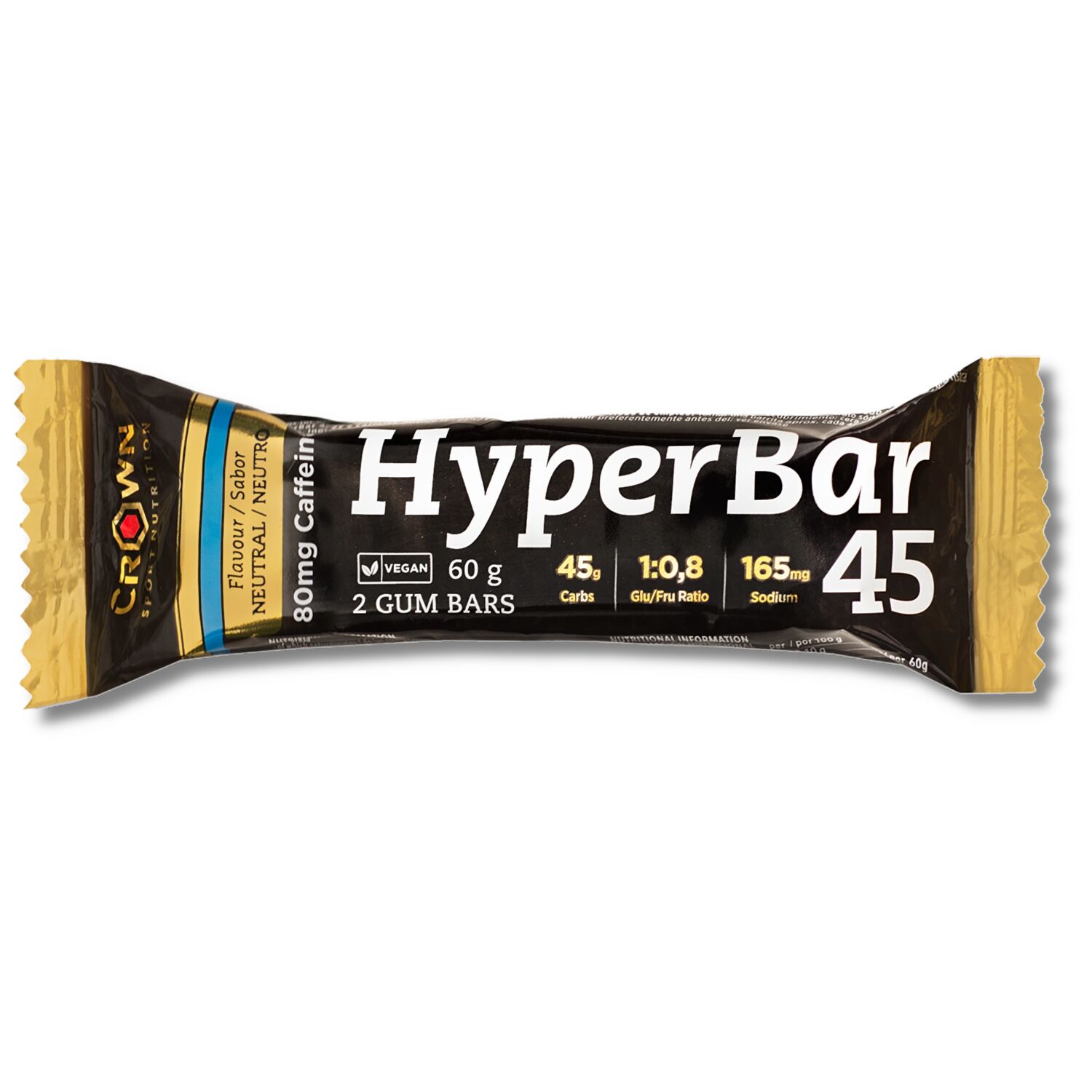 Crown Sport Nutrition HyperBar 45 + Caffeine, Barrita energética de gominola doble con 45 g de carbohidratos 1:0,8 y sodio, Sabor Neutro con cafeína, 1 x 60 g