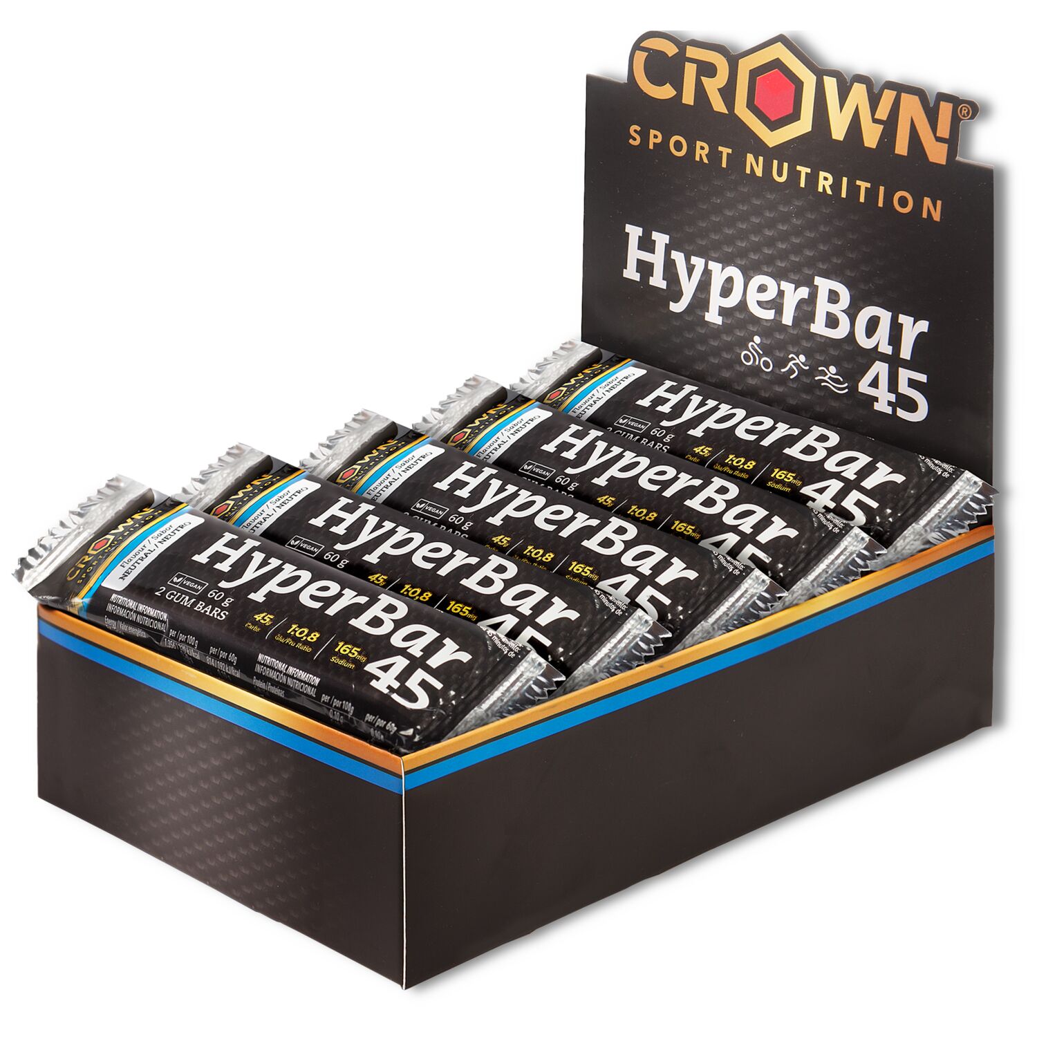 Crown Sport Nutrition HyperBar 45, Barrita energética de gominola doble con 45 g de carbohidratos 1:0,8 y sodio, Sabor Neutro, 10 x 60 g