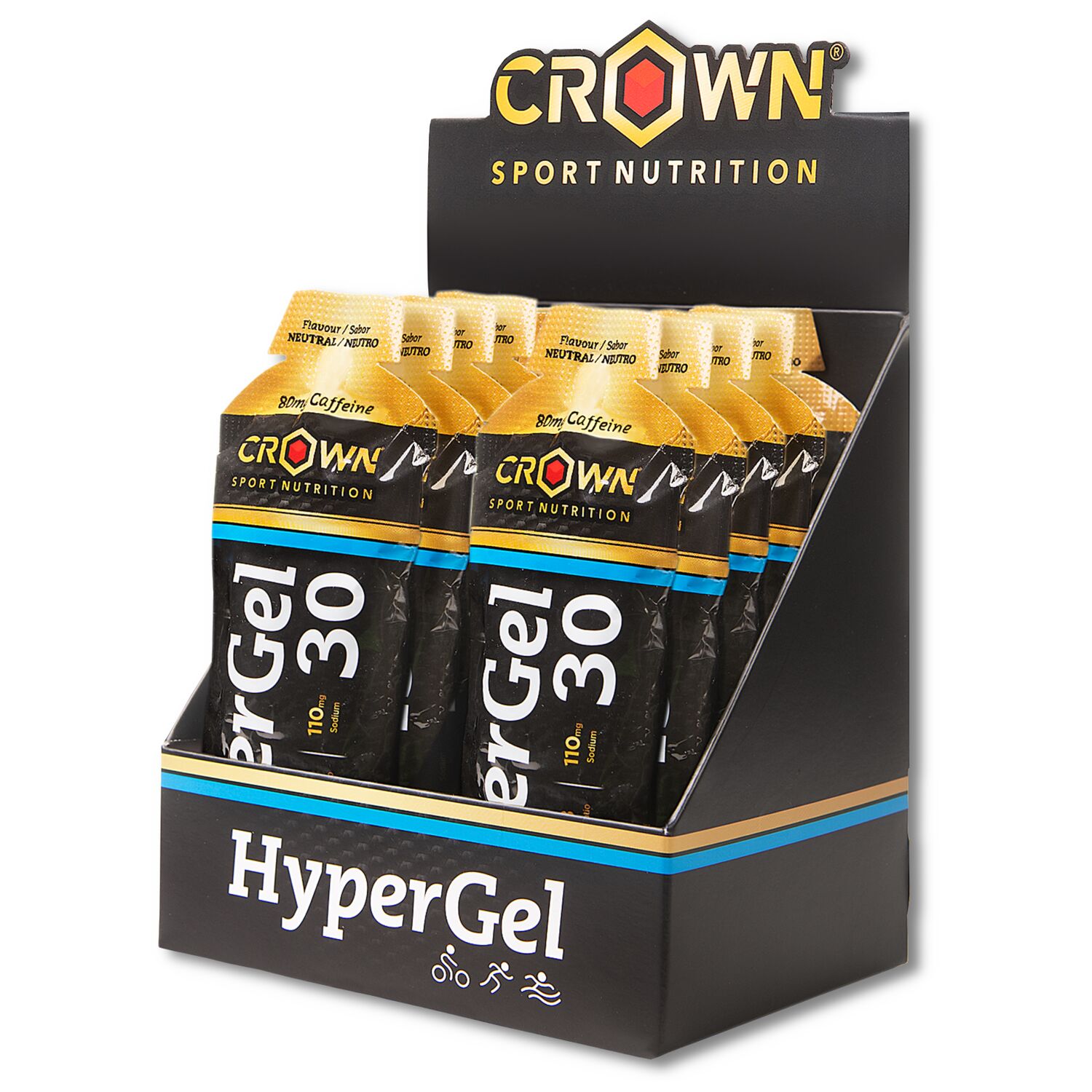Crown Sport Nutrition HyperGel 30 Hydro + Caffeine, Gel energético líquido con 45 g de carbohidratos 1:0,8 y sodio, Sabor Neutro con cafeína , 10 x 60 g