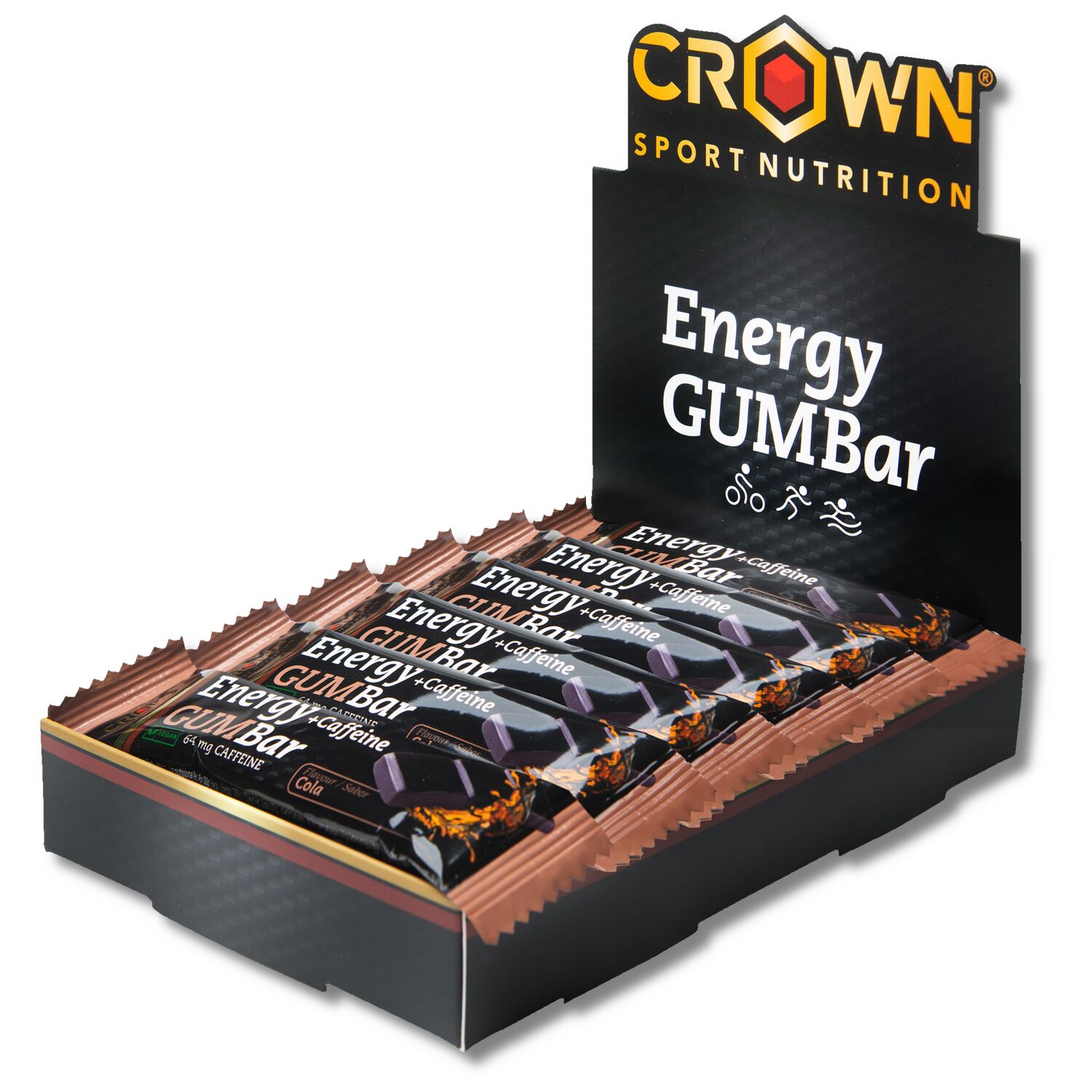 Crown Sport Nutrition Energy GUM Bar, Barrita energética de gominola con sodio y aminoácidos, Sabor Cola con cafeína, 12 x 30 g