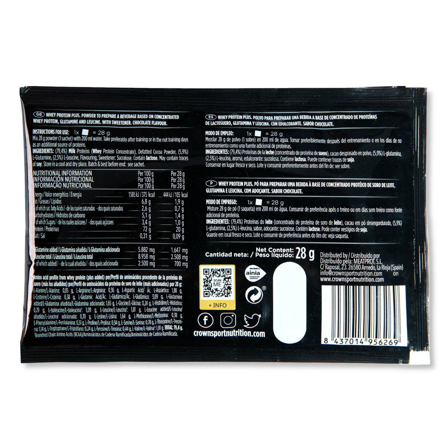 Crown Sport Nutrition Whey PROtein+, Proteína de whey con un extra de leucina y glutamina, Sabor Chocolate, 1 x 28 g - Imagen 2