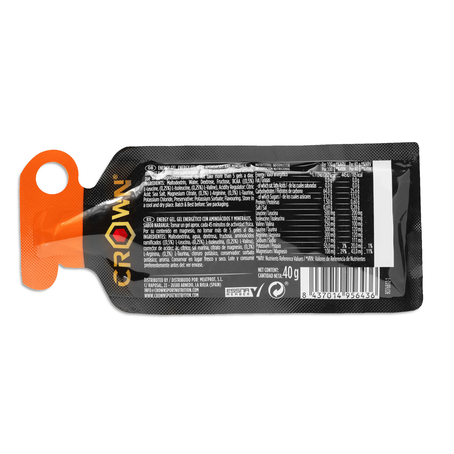 Crown Sport Nutrition Energy Gel, Gel energético con sodio y aminoácidos, Sabor Naranja, 1 x 40 g - Imagen 2