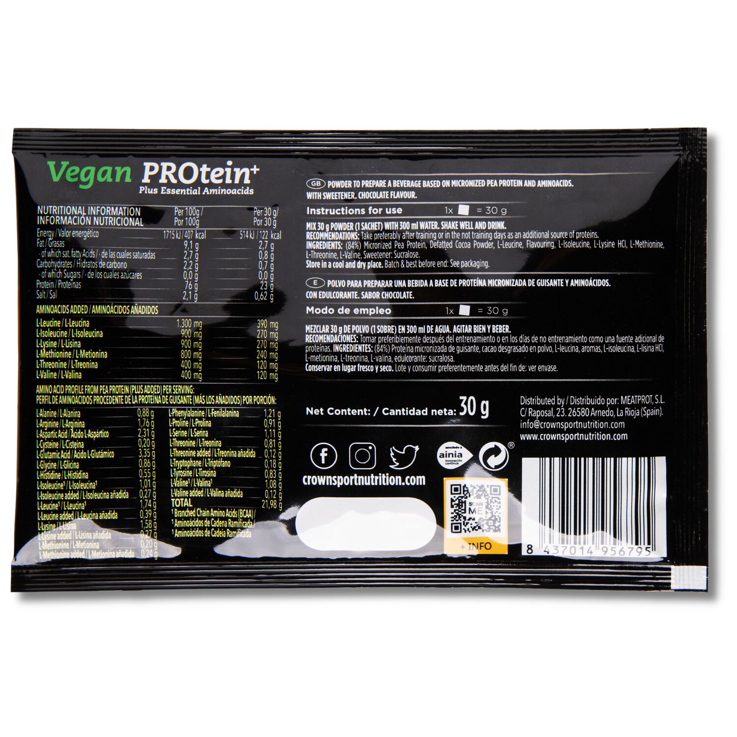 Crown Sport Nutrition Vegan PROtein+, Sabor Chocolate, 1 x 30 g - Imagen 2