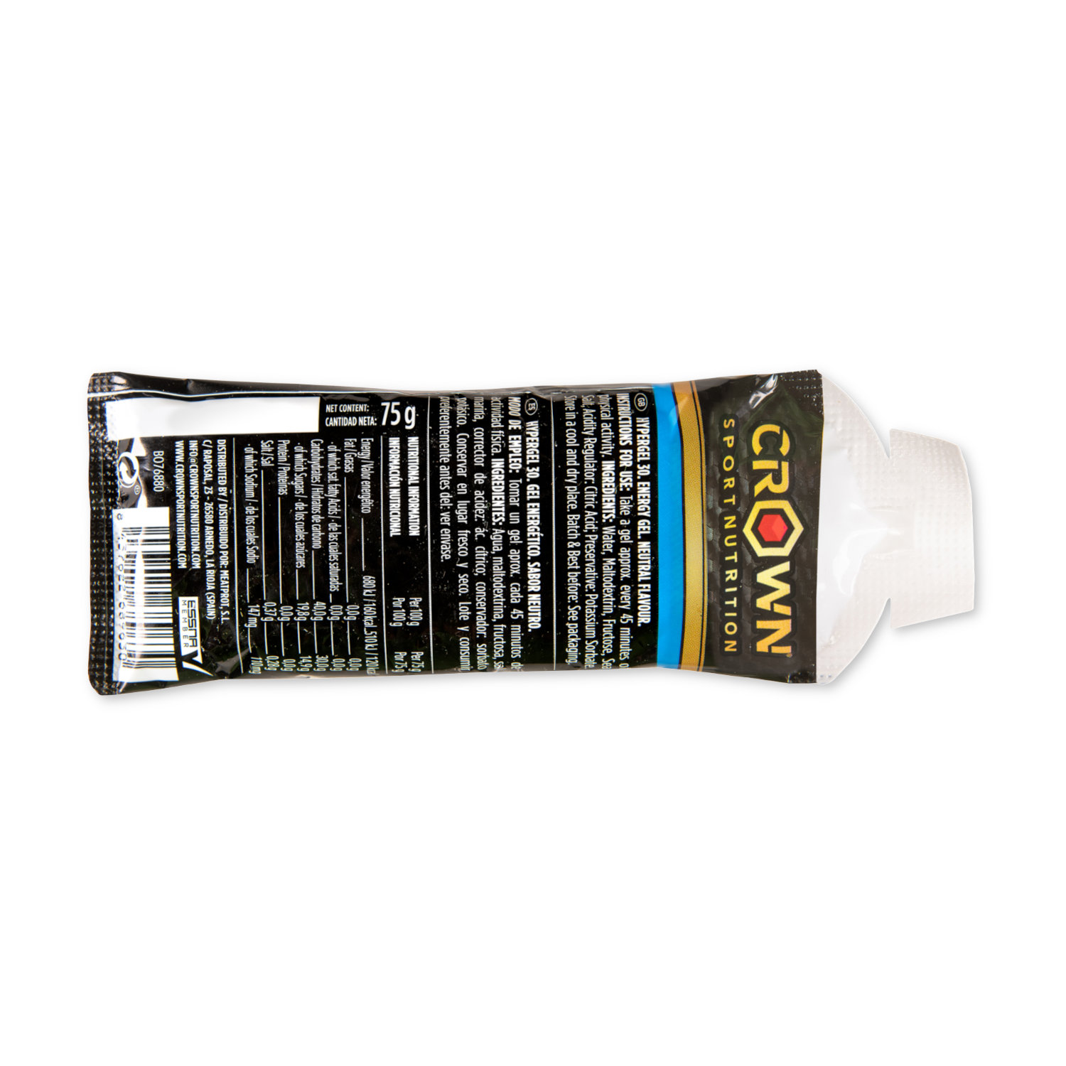 Crown Sport Nutrition HyperGel 30 Hydro + Caffeine, Gel energético líquido con 45 g de carbohidratos 1:0,8 y sodio, Sabor Neutro con cafeína, 1 x 60 g - Imagen 2