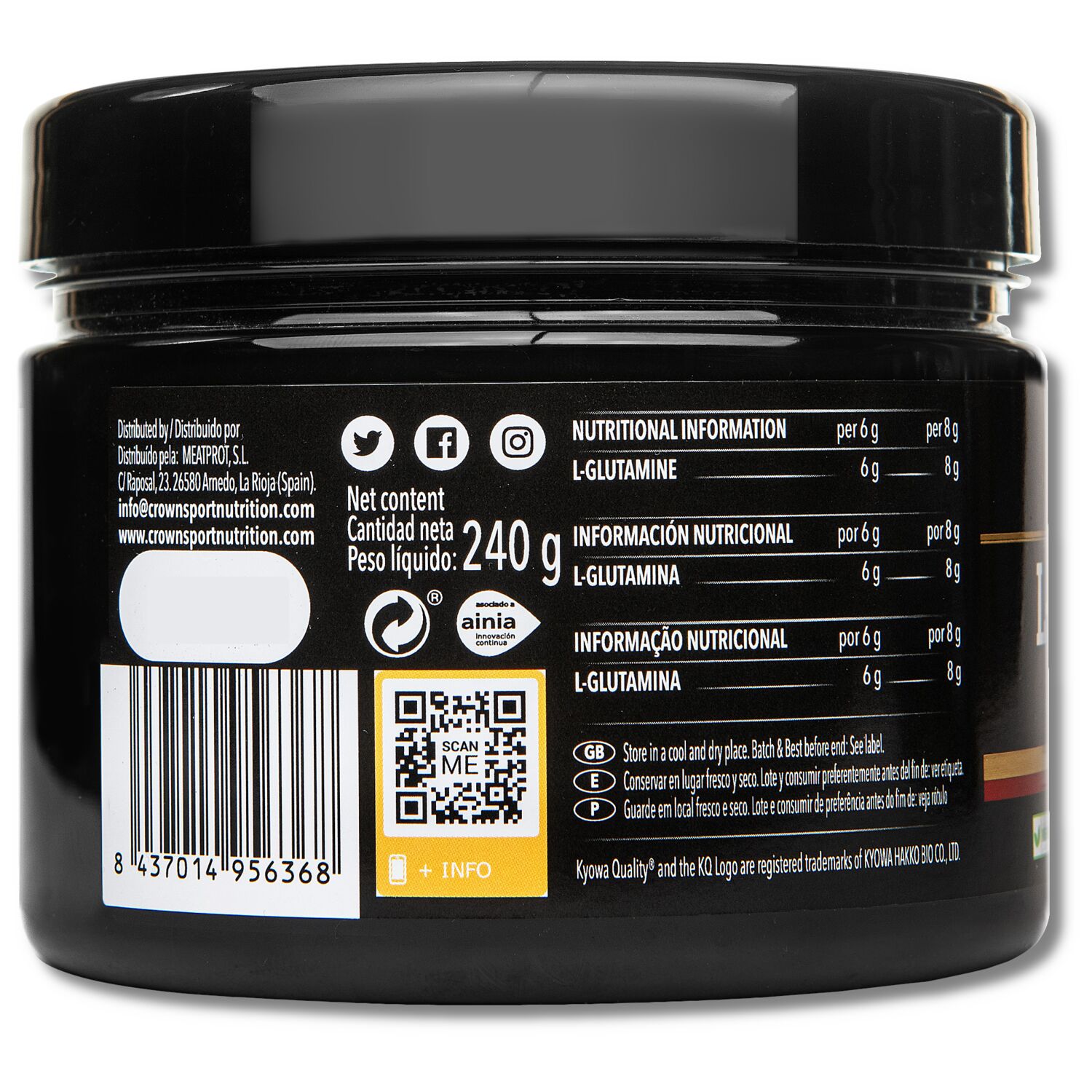 Crown Sport Nutrition L-Glutamine Kyowa, Pura glutamina de calidad Kyowa, Sabor Neutro, 240 g (40 porciones) - Imagen 3
