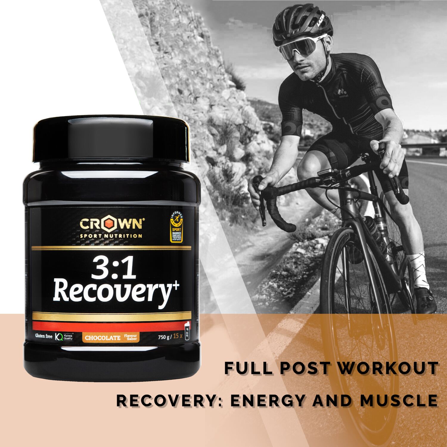 Crown Sport Nutrition 3:1 Recovery+, Recuperador muscular para deportes de resistencia, Con certificado Informed Sport, Sabor Chocolate, 750 g (15 porciones) - Imagen 3