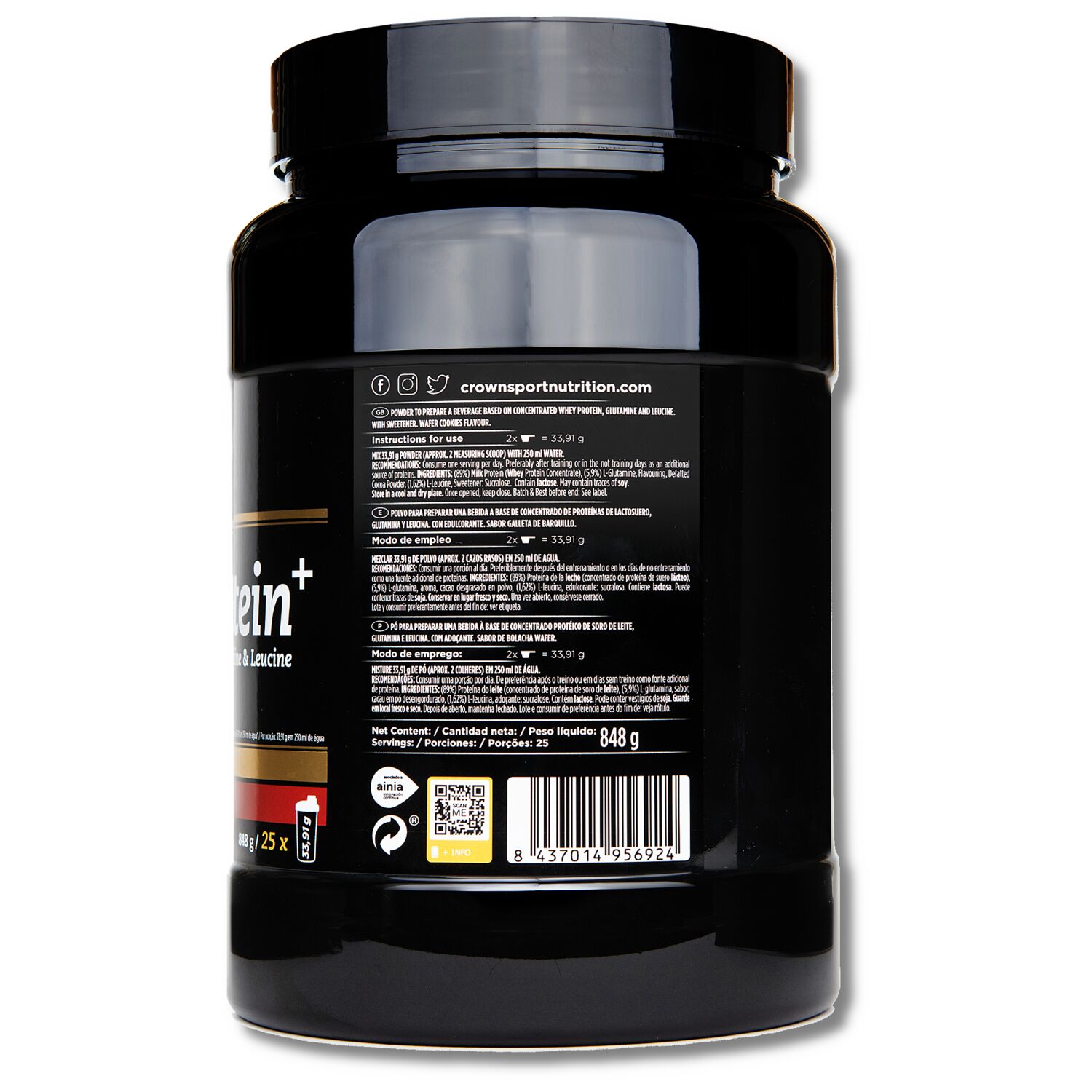 Crown Sport Nutrition Whey PROtein+, Proteína de whey con un extra de leucina y glutamina, Sabor Wafer Cookies, 848 g (25 porciones) - Imagen 3