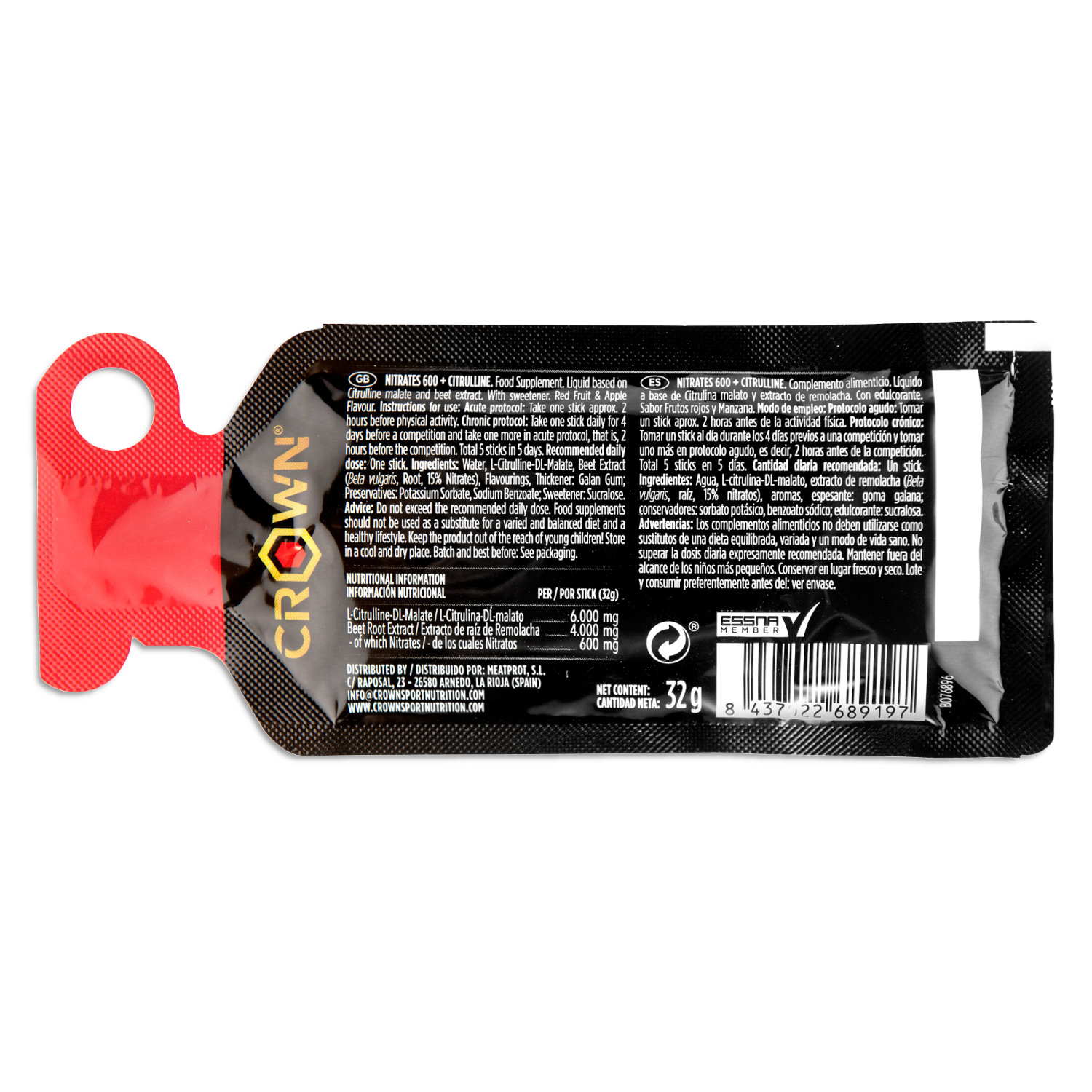 Crown Sport Nutrition Nitrates 600 + Citrulline Shot Gel, Sabor Frutos rojos 10 x 32g - Imagen 3