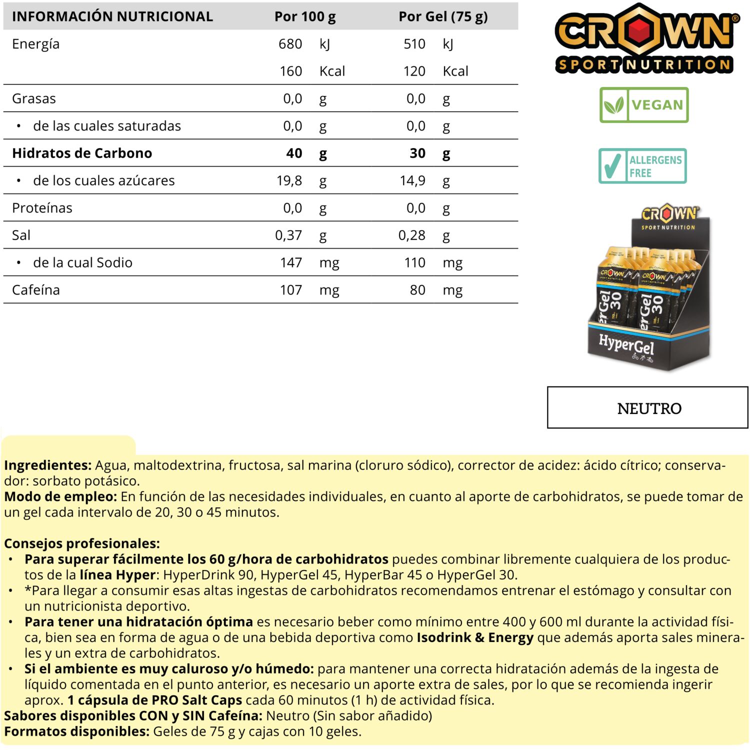 Crown Sport Nutrition HyperGel 30 Hydro + Caffeine, Gel energético líquido con 45 g de carbohidratos 1:0,8 y sodio, Sabor Neutro con cafeína, 1 x 60 g - Imagen 3