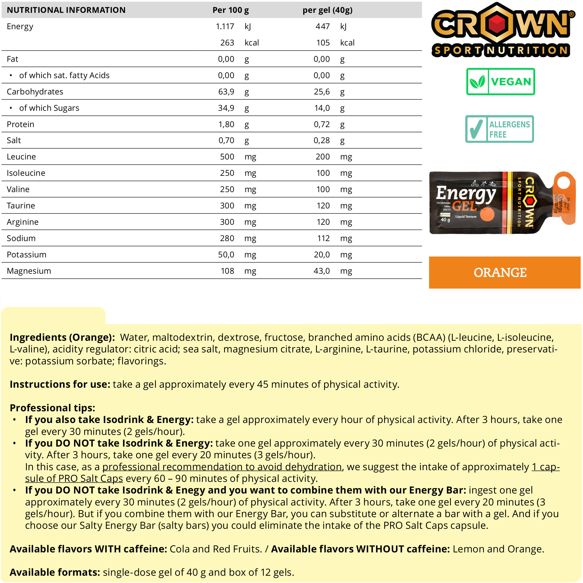 Crown Sport Nutrition Energy Gel, Gel energético con sodio y aminoácidos, Sabor Naranja, 1 x 40 g - Imagen 4