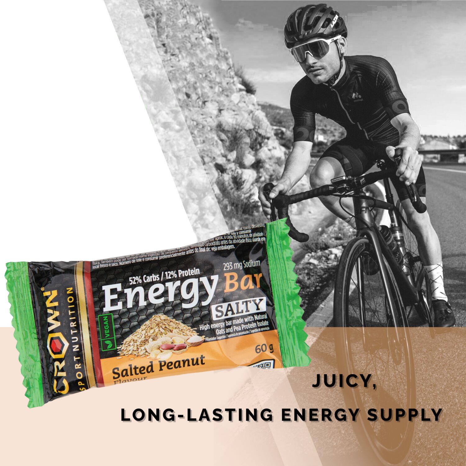 Crown Sport Nutrition Energy Vegan Bar, Barrita energética de avena con sodio, Cacahuete Salado, 12 x 60 g - Imagen 3
