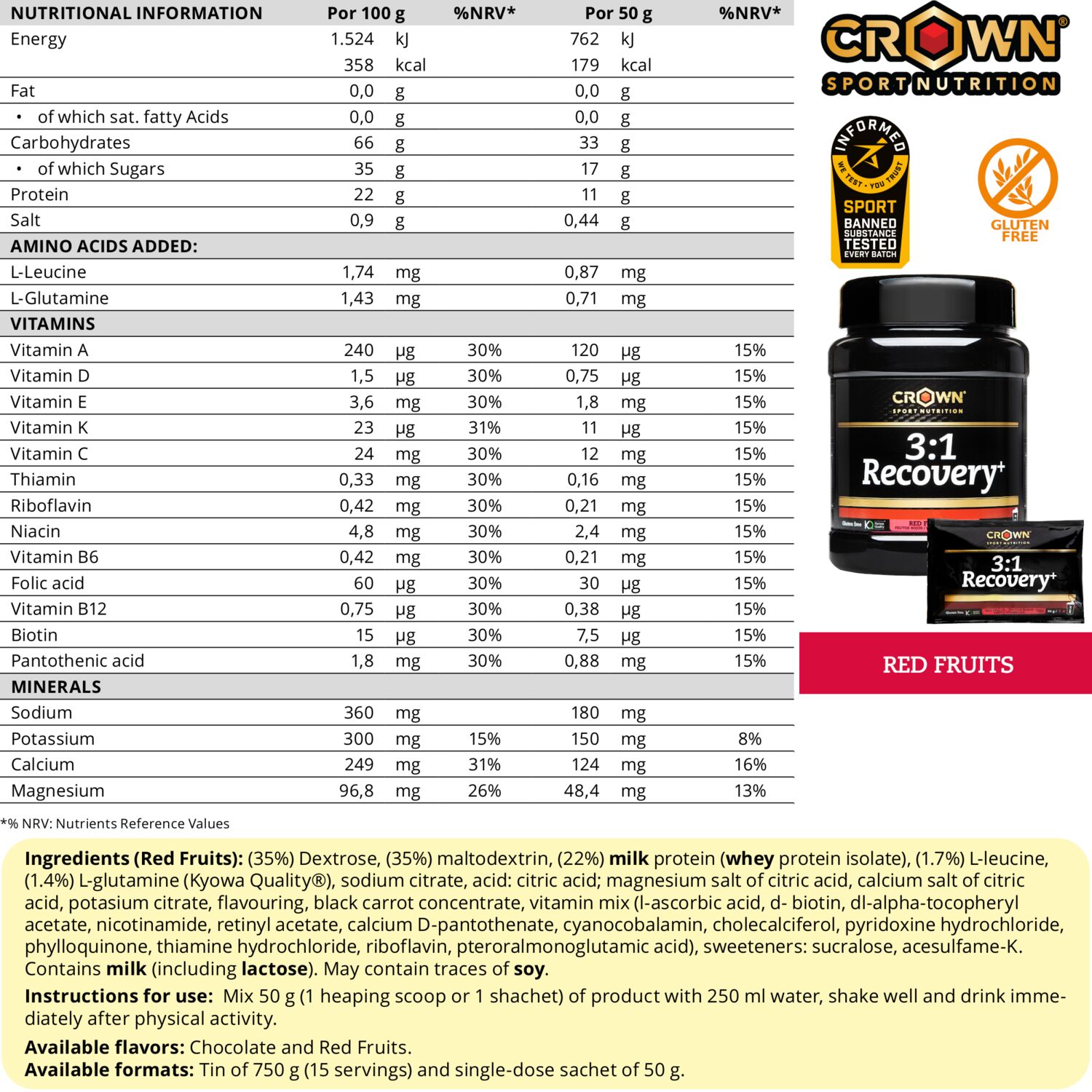 Crown Sport Nutrition 3:1 Recovery+, Recuperador muscular para deportes de resistencia, Con certificado Informed Sport, Sabor Frutos Rojos, 10 x 50 g - Imagen 4