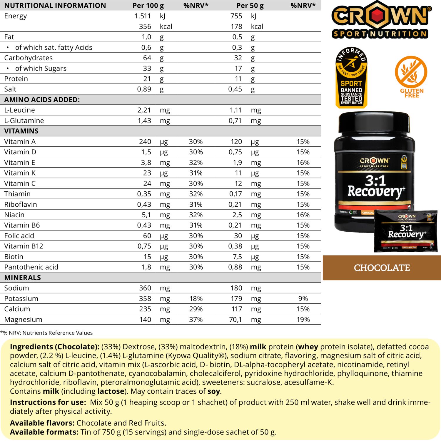 Crown Sport Nutrition 3:1 Recovery+, Recuperador muscular para deportes de resistencia, Con certificado Informed Sport, Sabor Chocolate, 10 x 50 g - Imagen 4