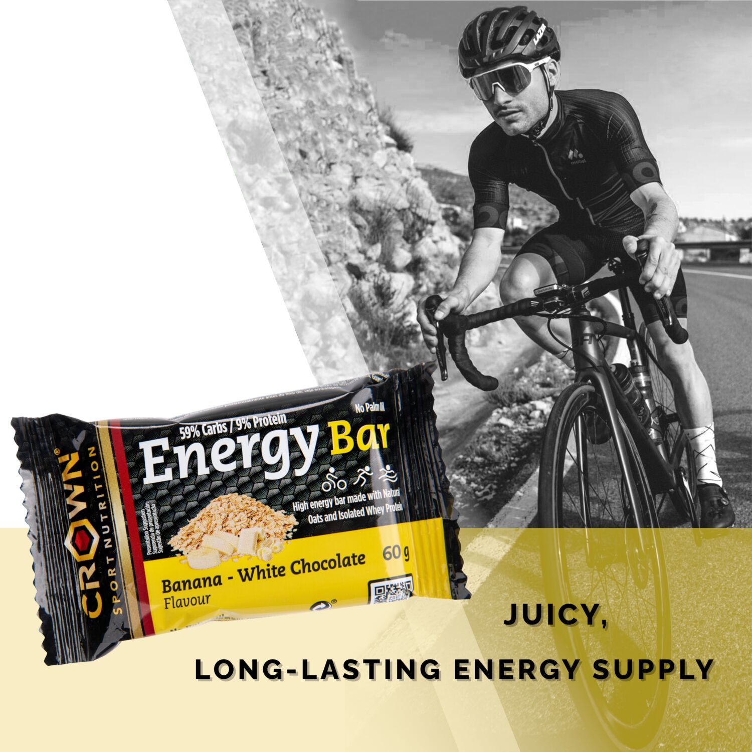 Crown Sport Nutrition Energy Bar, Barrita energética de avena, Sabor Banana-Chocolate Blanco, 12 x 60 g - Imagen 3