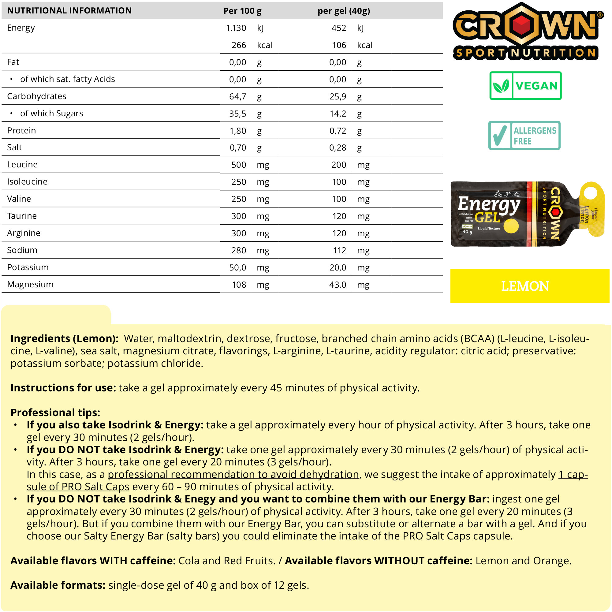Crown Sport Nutrition Energy Gel, Gel energético con sodio y aminoácidos, Sabor Limón, 12 x 40 g - Imagen 5