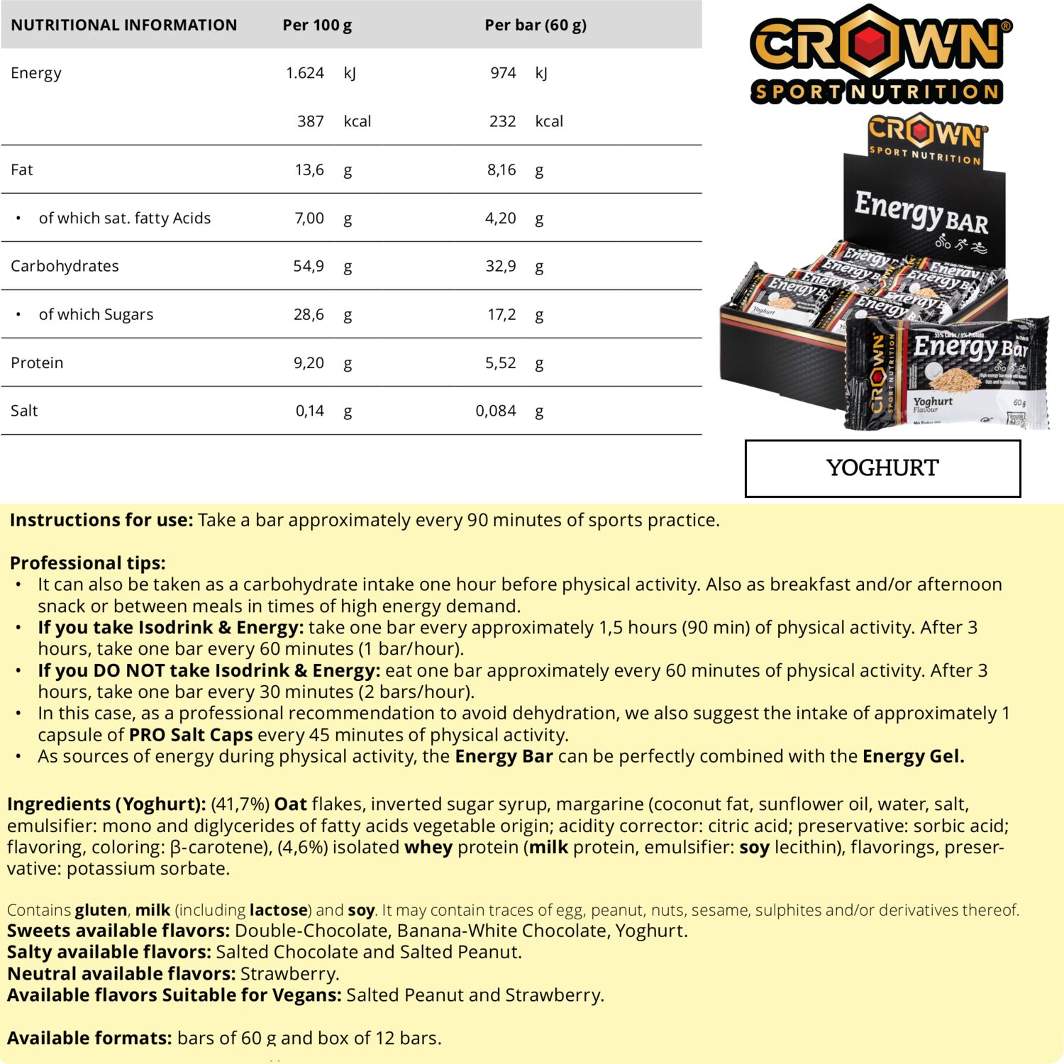 Crown Sport Nutrition Energy Bar, Barrita energética de avena, Sabor Yogur, 12 x 60 g - Imagen 5