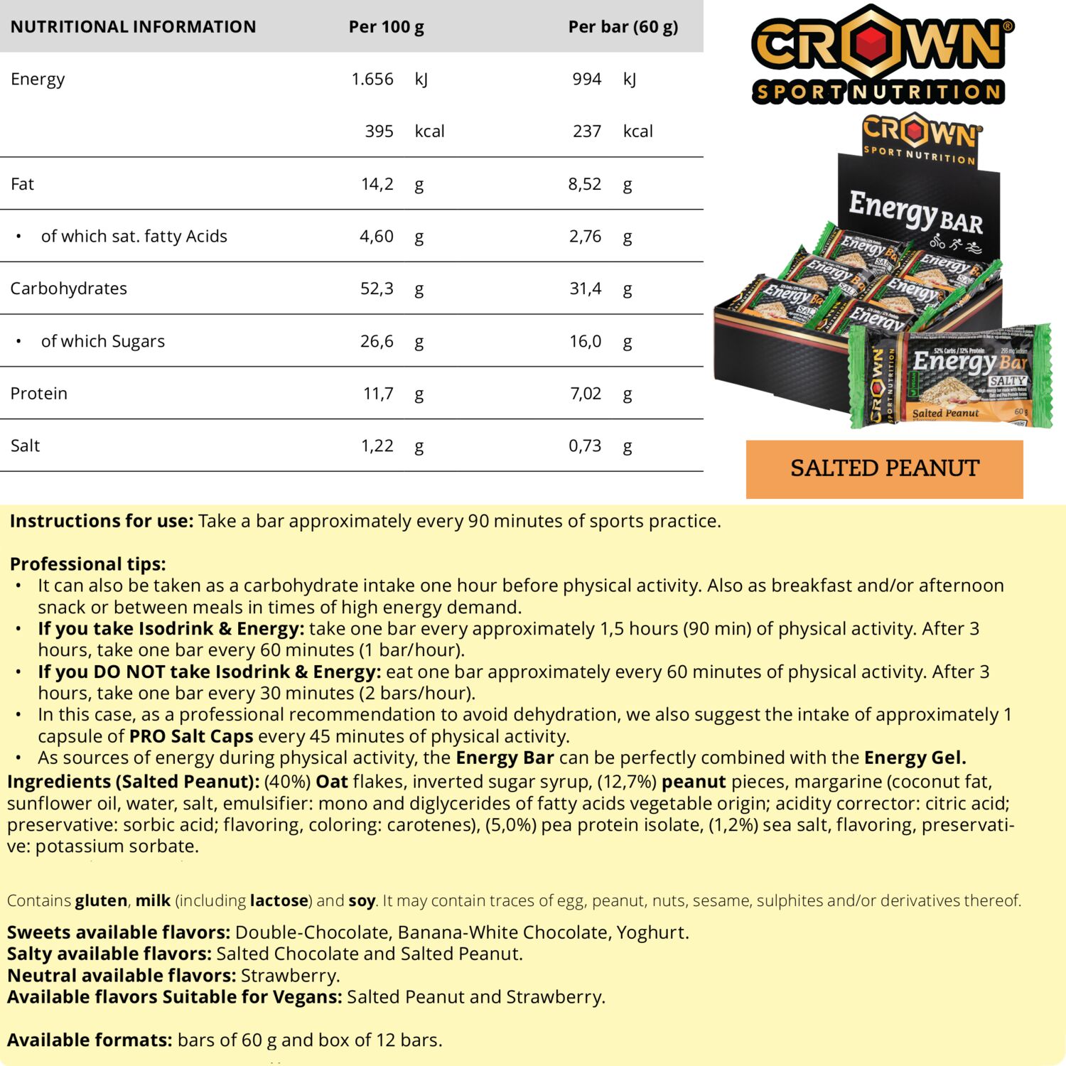 Crown Sport Nutrition Energy Vegan Bar, Barrita energética de avena con sodio, Cacahuete Salado, 12 x 60 g - Imagen 5