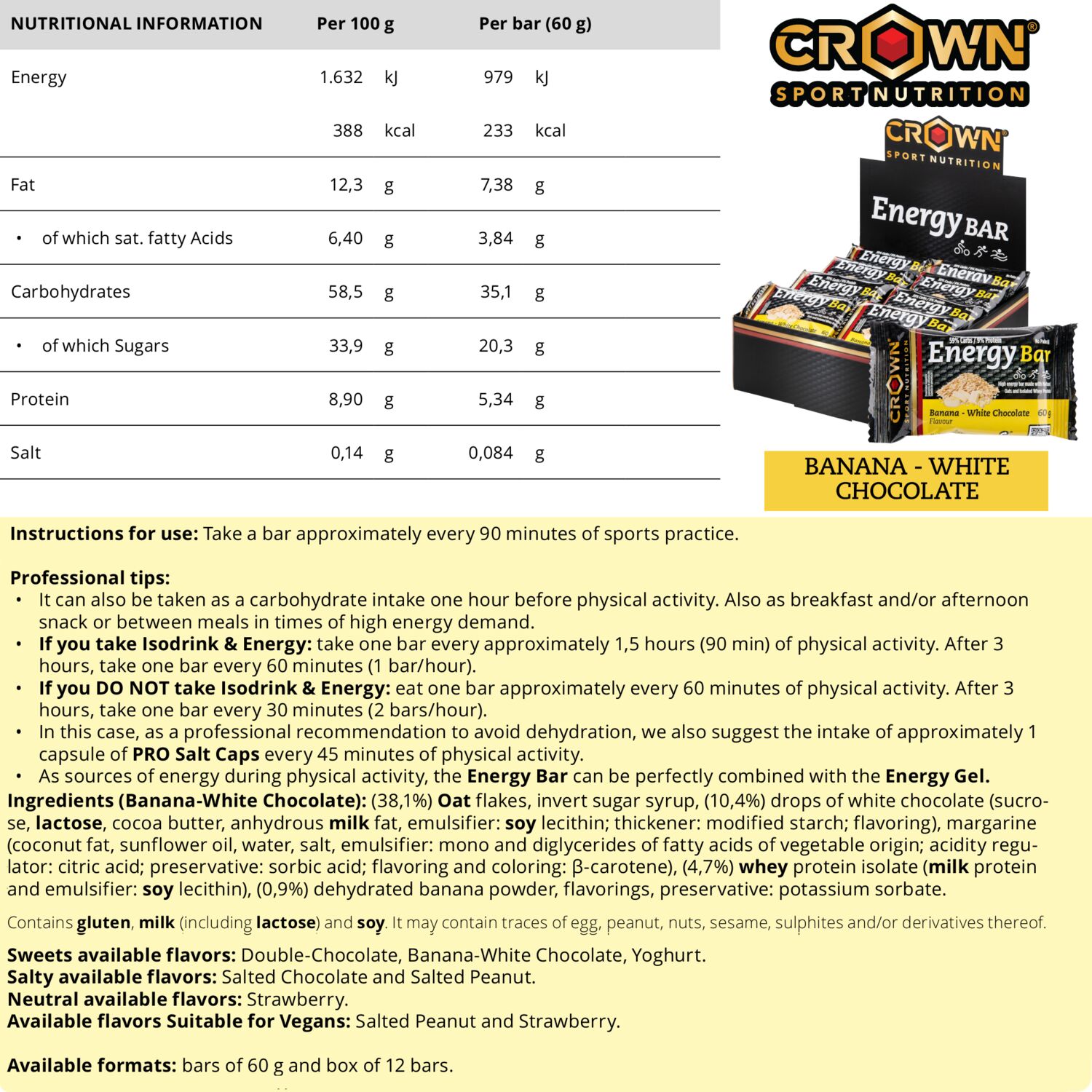 Crown Sport Nutrition Energy Bar, Barrita energética de avena, Sabor Banana-Chocolate Blanco, 12 x 60 g - Imagen 5